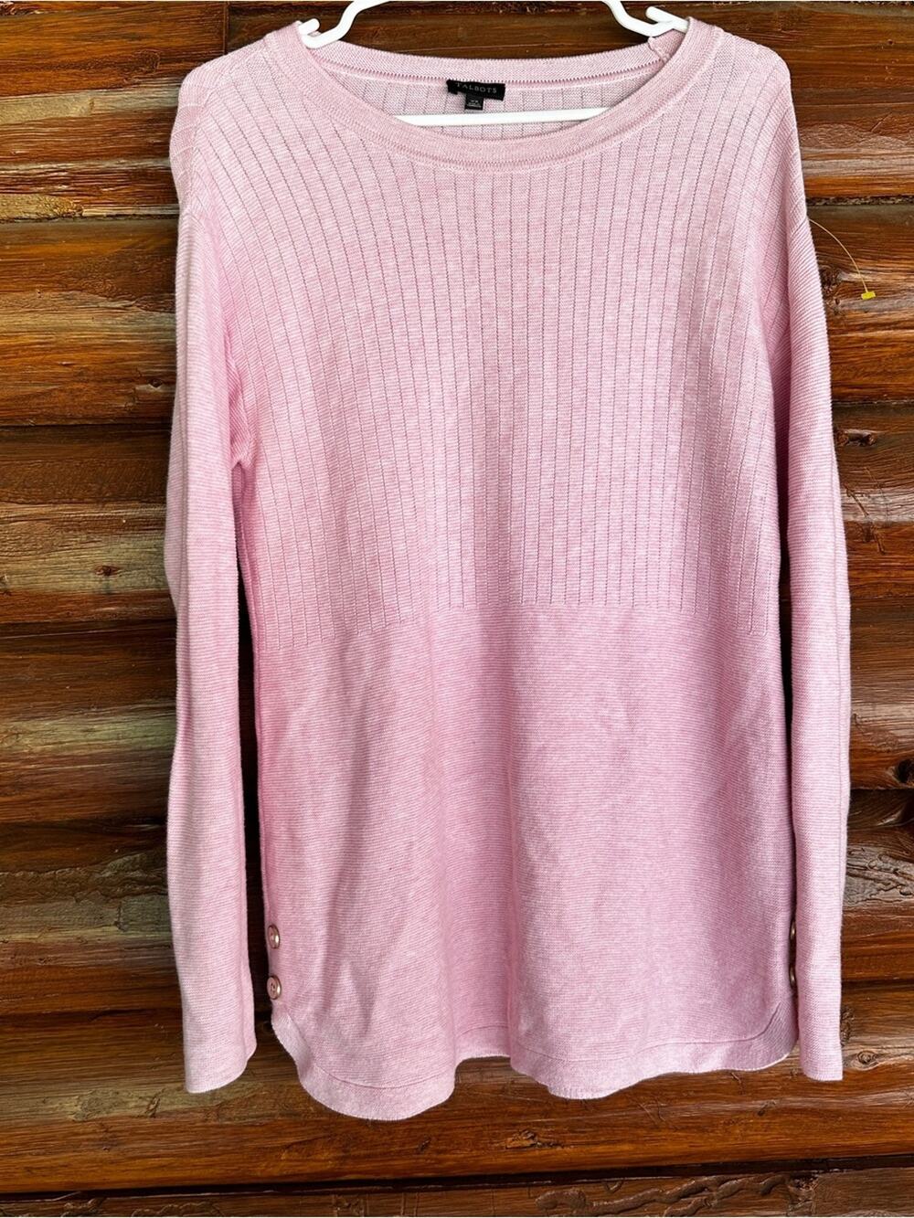 Talbots Light Pink Ribbed Crewneck Knit Top with Side Button Detail